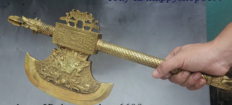 

20" China Folk Collection Brass Dragon Head Beast Handle ax Axe Battleaxe Statue