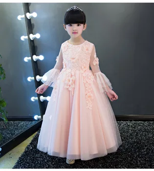 

summer brand Handmade England Style Girl Floral Dress full Sleeve Party Long Trailing Dress Children Pageant applique Clothes