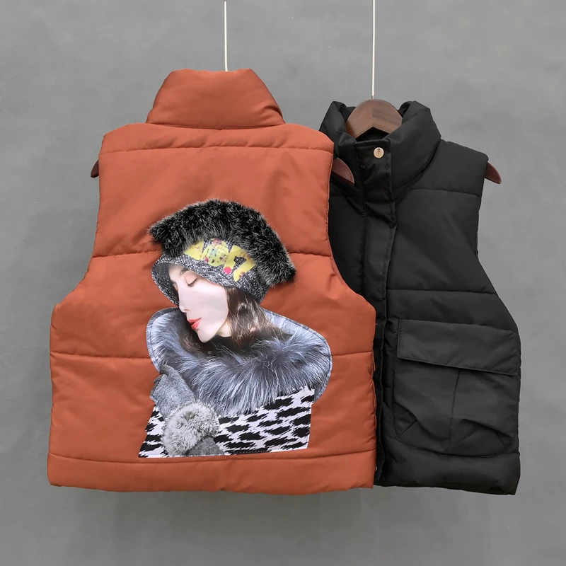 

MUMUZI 2018 New Women Vests Winter Print Character Down Vest Female Slim Sleeveless Jacket Women's Windproof Warm Waistcoat