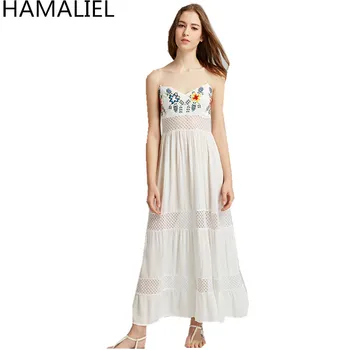 

HAMALIEL Spaghetti Strap White Maxi Summer Women Dress 2018 Sexy Boho Embroidery Floral Strapless Hollow Out Backless Long Dress