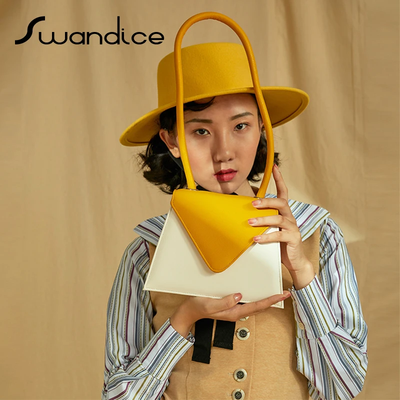 

Real Genuine Cow Leather Niche Long Handle Contrast Colour Small Mini Simple Flap Handbags Tote Shoulder Bags Women Female 2019