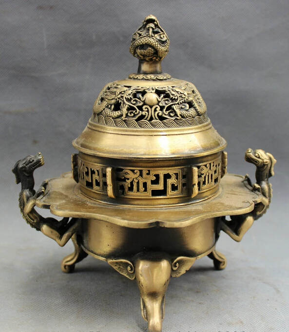 

S4332 8" Chinese Bronze Dragon Elephant Head Statue Buddhist Incense Burner Censer D0318