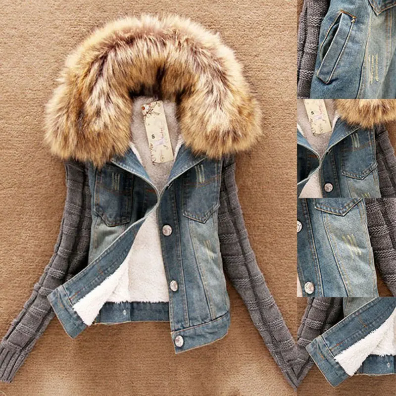 

Fashion Denim Coat Winter Women Jeans Warm Coat Female Plush Fleece Short Denim Jacket Slim Elegant Fur Collar Outerwear Tops