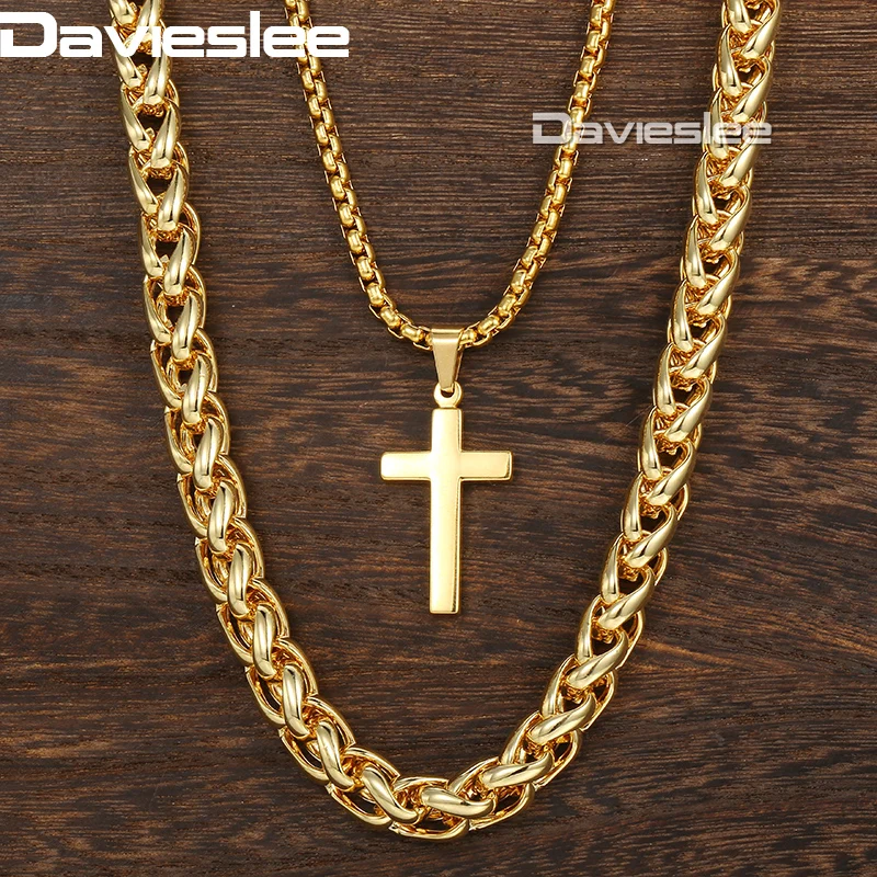 

Davieslee Necklace For Men Gold Stainless Steel Wheat Box Link Chain Cross Pendant Necklace Hip Hop Jewelry 10mm 24inch DDN06
