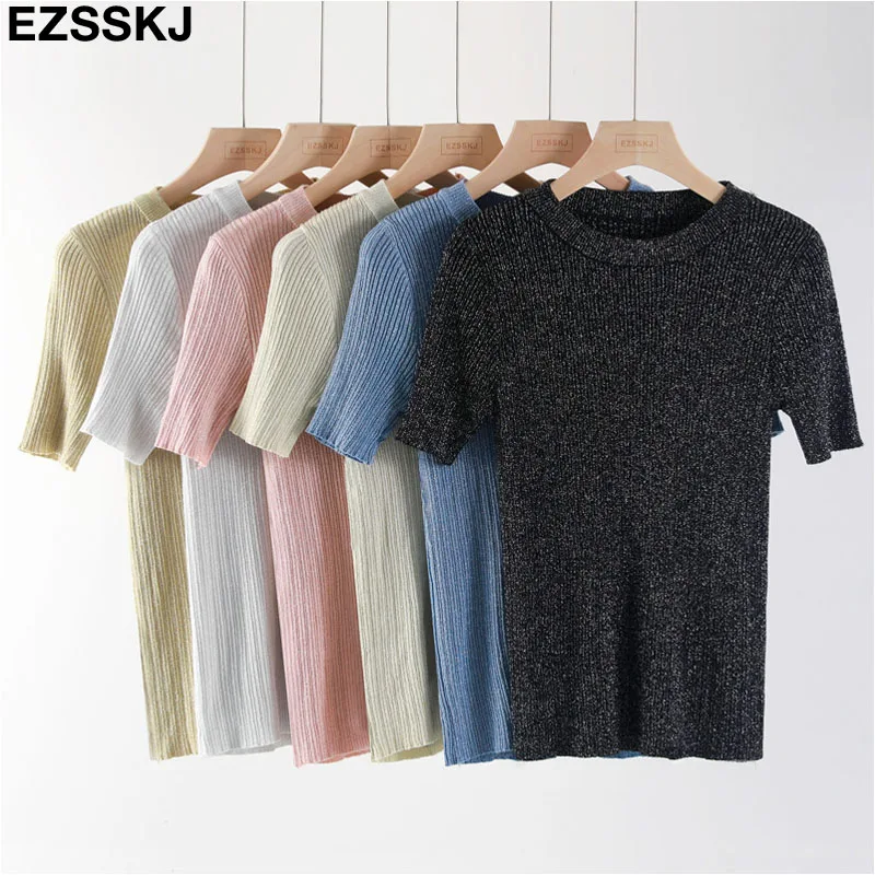 

Lurex Short Sleeve Women summer Glitter knit o-neck Basic T Shirt chic bling t-shirt solid shiny Tee Shirt Female pullover top