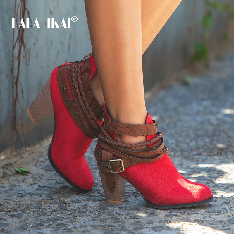 

LALA IKAI Women Flock Zipper Winter Boots Velvet Buckle Narrow Band High Heels Ladies Western Ankle Boots 014C2242 -49
