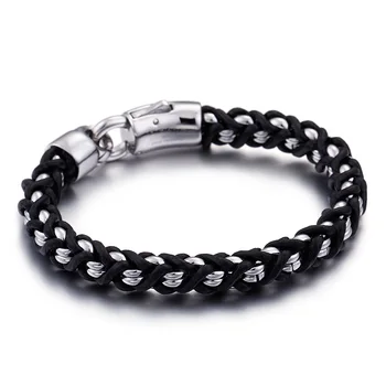 

Fashion Men multilayer Link Color Titanium Steel Byzantine Weave Chain Black Leather Bracelets Pulseras Jewelry