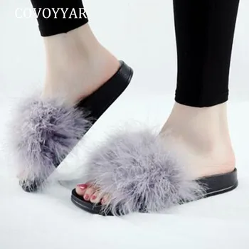 

COVOYYAR 2019 Summer Shoes Woman Feather Flat Slippers Women Sandals Fashion Cute Fur Slip On Ladies Slides Beach Shoes WSL116