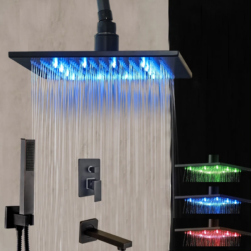 

LED Ceiling Mounted Shower Head Oil Rubbed Bronze Hand Shower Tub Spout Set Mixer Tap