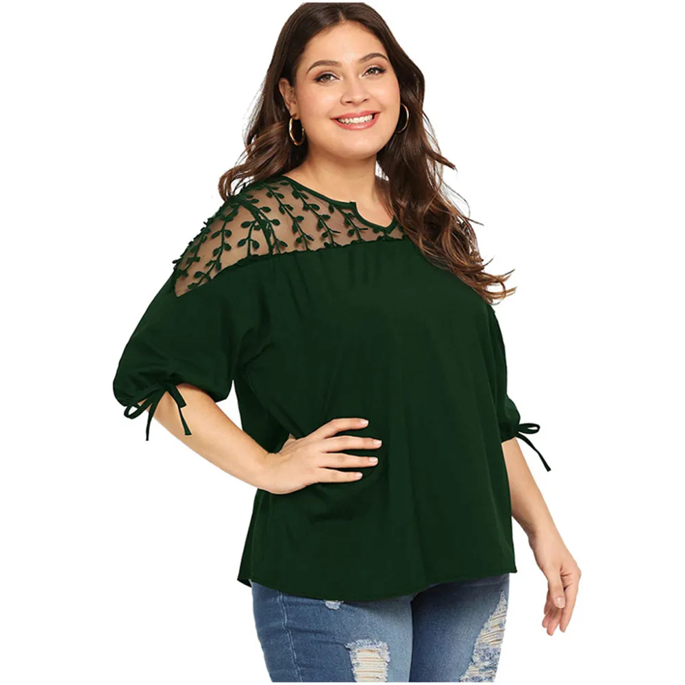 

Wipalo Women Plus Size Lantern Sleeves Lace Mesh Patchwork Chiffon Blouse Tops V-Neck Three Quarter Sleeves Solid Casual Blusas