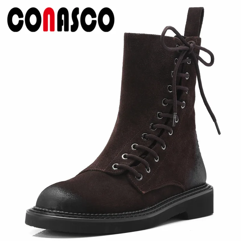 

CONASCO Retro Women Med Heels Motorcycle Boots Autumn Winter Cow Suede Short Basic Boots Female Quality Martin Shoes Woman