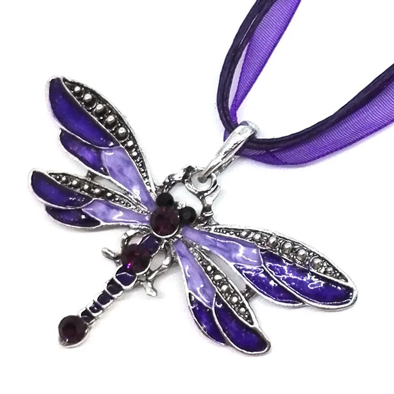 

2018 Korean Design Pendant Necklace Collar For Women Enamel Dragonfly Insect Charm Lace Long Rope Necklace Girl Jewelry Collier