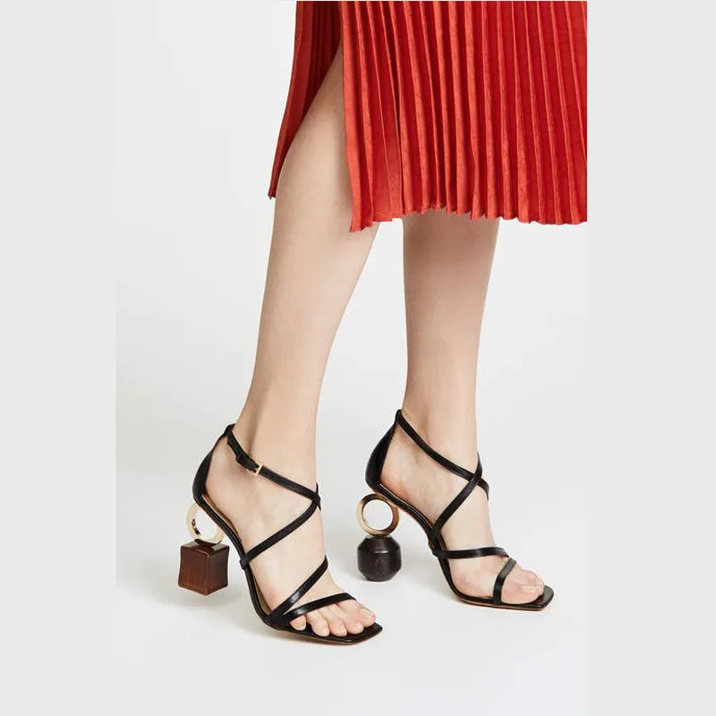 

Luxury Brand Shoes Women Irregular Heel Sandals Runway High Heels Novelty Strange Style Chunky Genuine Leather Sandals Size 41
