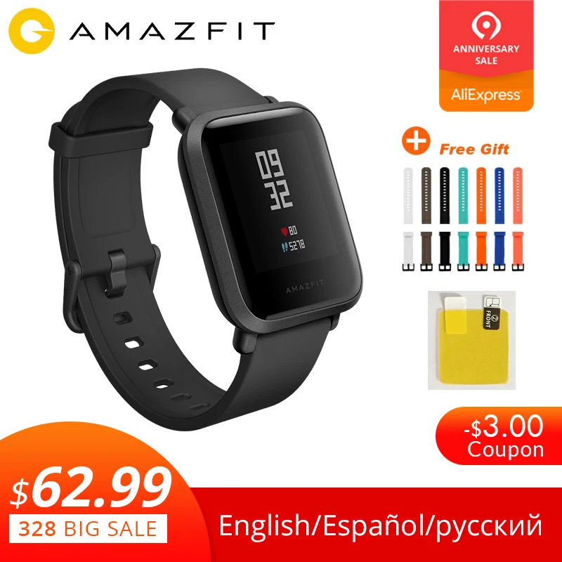  Xiaomi Amazfit Bip Смарт-часы спортивные часы gps-компас сердечного ритма mi Fit IP68 Водонепроницаемый вызова re mi nder ГЛОНАСС Английский Русский 