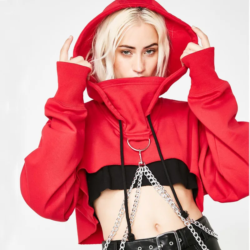 

Harajuku Long Sleeve Hooded Patchwork Chain Sexy Crop Tops Autumn Winter Women New Fashion Night Club DJ Sweatshirts Hoodies