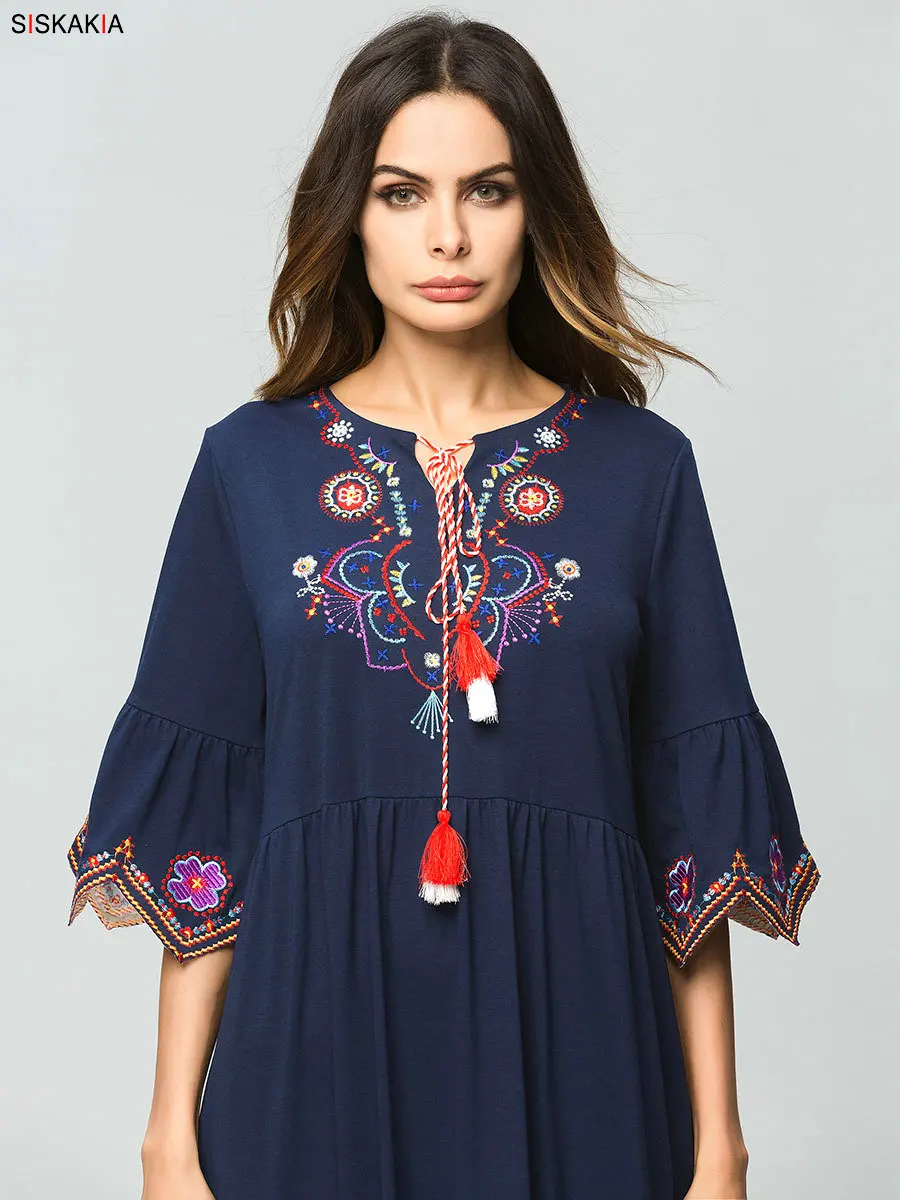 Siskakia женское винтажное платье с цветочной вышивкой, на завязках, с расклешенными рукавами, элегантные женские модные повседневные длинные платья макси синего цвета