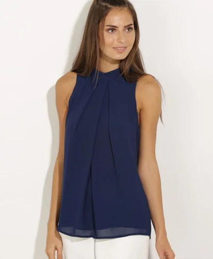 

Women Shirt Summer 2017 Sexy Fashion Double Chiffon Shirt Hanging Neck Sleeveless Solid O-Neck Casual Blouse Tops S4072
