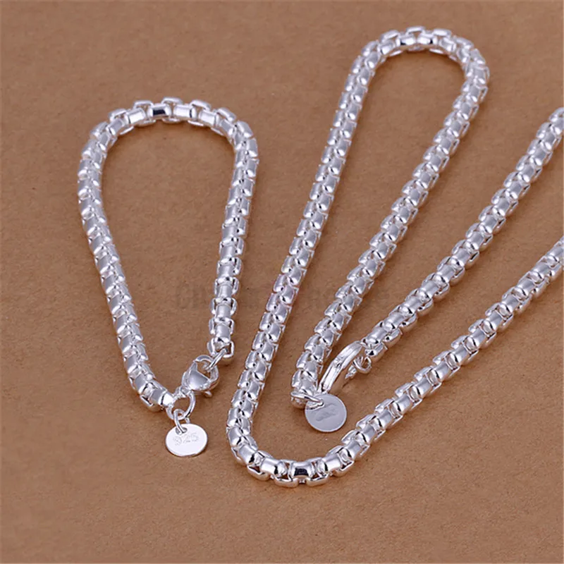 

Silver 925 Jewelry Set for Women Fashion 4mm Round Box Chain Bracelet Necklace 2 pcs Costume Wedding Party Bridal Jewellery Set