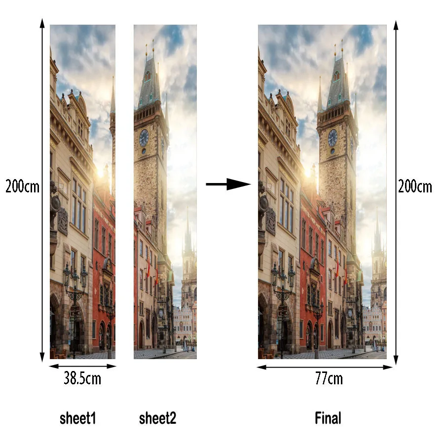Наклейка на дверь храма Праги квадратная башня с часами Венецианская улица кирпичная деревянная дверь ремонт украшения дома наклейка 77x200 см