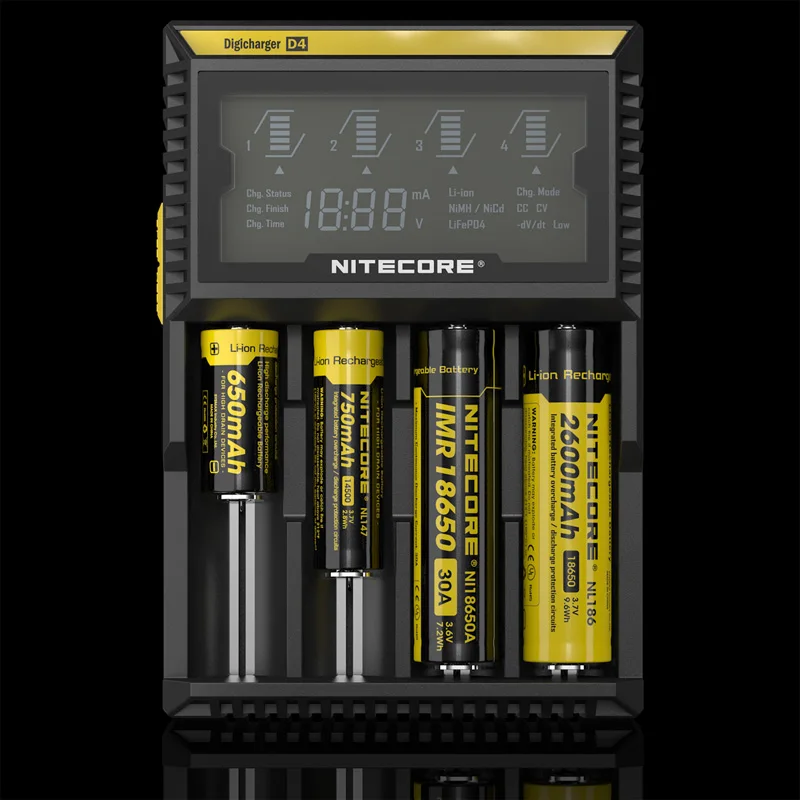Оригинальное зарядное устройство Nitecore D4 18650 с ЖК экраном для IMR Li Ion LiFePO4 Ni MH Cd
