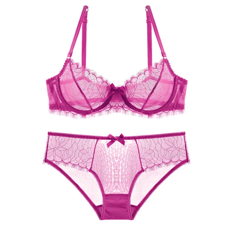 Women Lace Sexy Bra Set Push Up Underwire Ultra-Thin Cup Back Closure Underwear  (14-1)