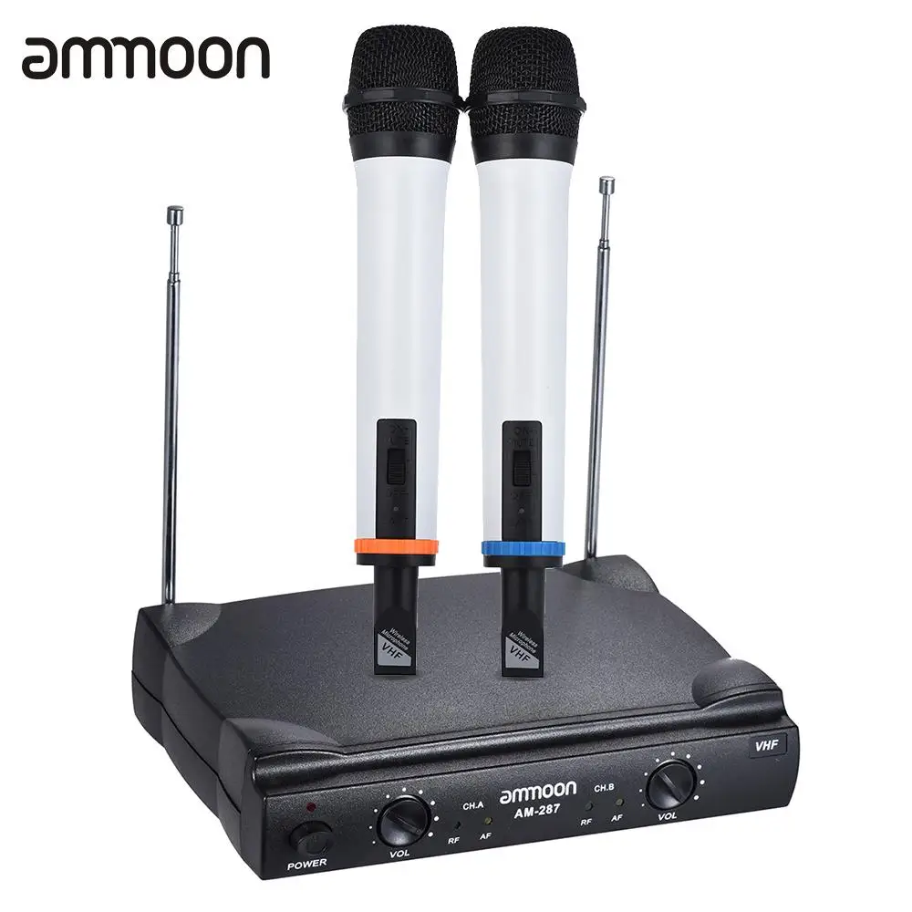 

ammoon Dual Channel VHF Wireless Handheld Microphone System 2 Mics 1 Receiver 6.35mm Audio Cable for Karaoke Family Party