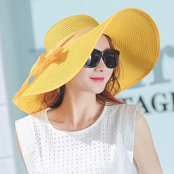 Соломенная шляпа от солнца с широкими полями и бантом, Пляжная женская шляпа, кепка для путешествий, складная летняя кепка с защитой от ультрафиолета, Женская Повседневная Кепка - Цвет: Yellow