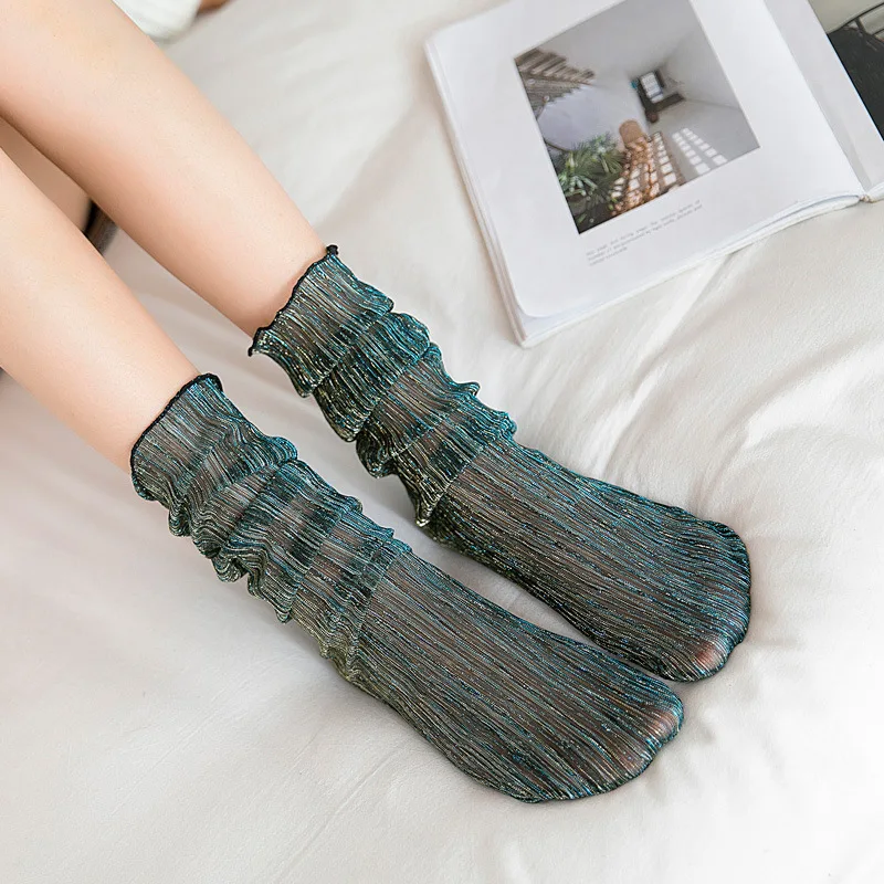 

Women's Ruffle Socks Fashion Crystal Silk Funny Socks Women Mesh Shiny Short Socks Transparent Elastic Funny Sox