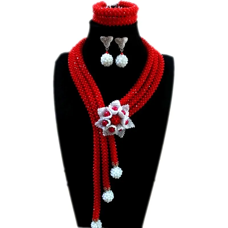 

4ujewelry Necklace Set for Nigerian Party Red African Jewelry Set With White Flowers Wedding Jewellery Set Bridal Jewelry 2018