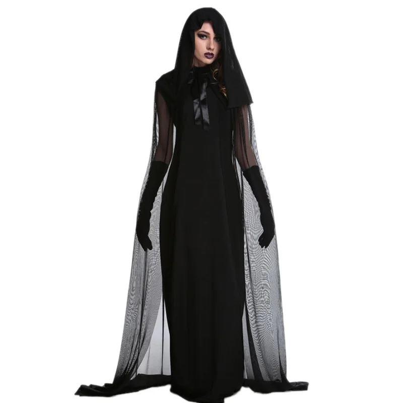 1 комплект, Женский костюм ведьмы на Хэллоуин размера плюс, длинное платье, осенне-зимние черные платья(с шапкой и перчатками