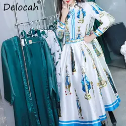 Delocah осень для женщин комплект модный дизайнерский костюм с длинным рукавом великолепный кристалл бисер характер печатных тонкая юбка два