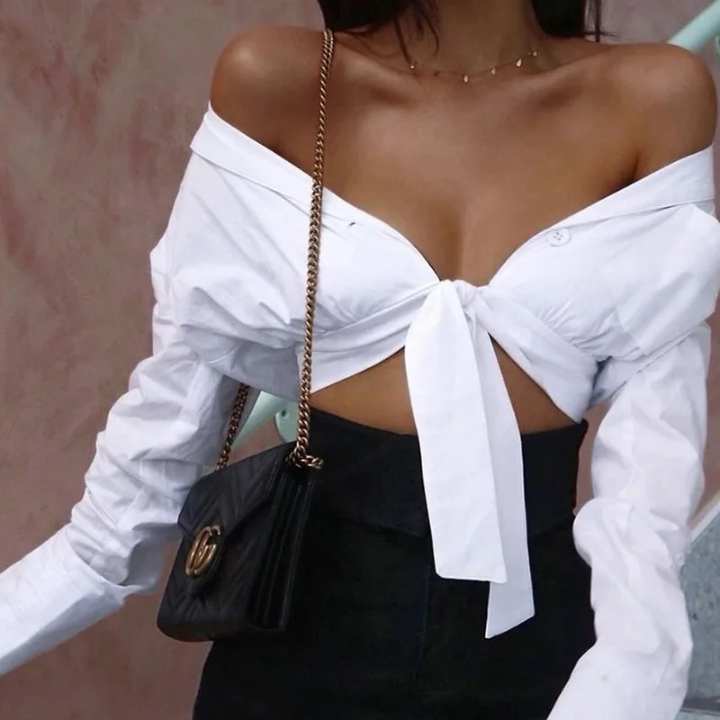 

Summer Autumn Women Long-Sleeve Front Knot Tie Chic Crop Top Loose Lady Blouse Fashion Sexy Deep V-Neck Chiffon Button Shirts