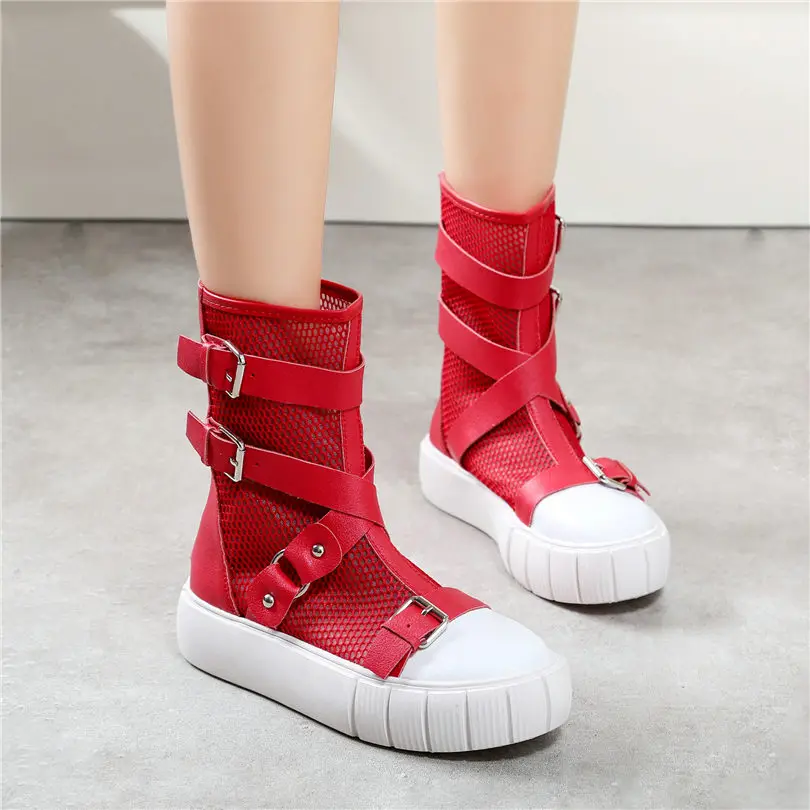 

NAYIDUYUN 2019 Womens Breathable Lace Cow Leather High Heel Ankle Boots Wedge Platform Sandals Punk Sneaker Shoes Riding Boots