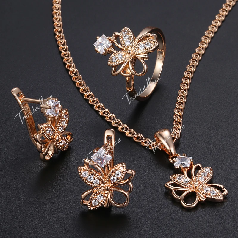 

Women's Jewelry Set CZ Flower Earrings Ring Pendant Necklace Rose Gold Filled Jewelry For Women GE162