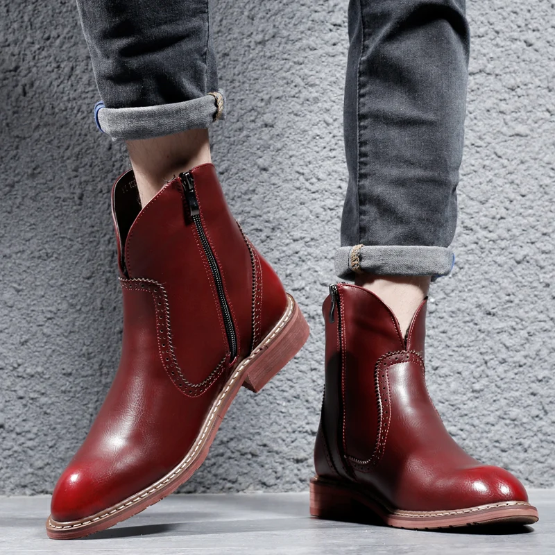 brown Brogue Zipper claret plush Black plush Vintage 2019 Brown Do Toe Inverno Botas Chelsea Esculpida À Misalwa Apontou Moda Para Boots Homens Claret Outono Ankle 8F14x4