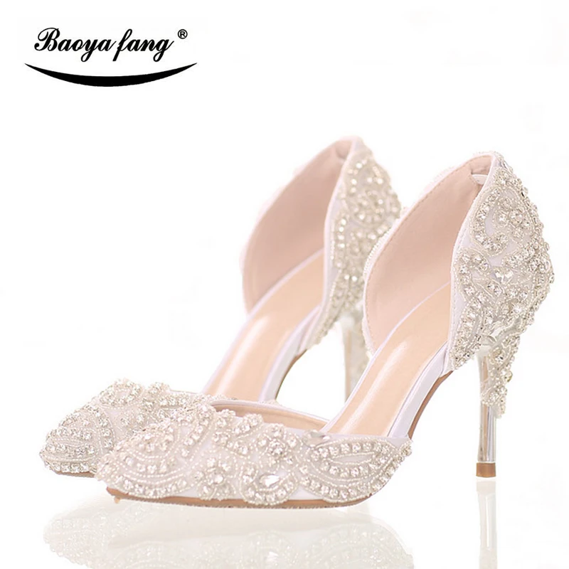 

New arrival 9cm thin heel Women wedding shoes pointed toe Bride party shoes Two-piece white lace crystal shoes free shipping