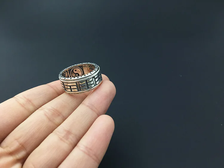 Твердое Серебро 925 вращающиеся кольца для мужчин китайский стиль Багуа группа готический Прохладный стерлингового серебра 925 толстое мужское кольцо s