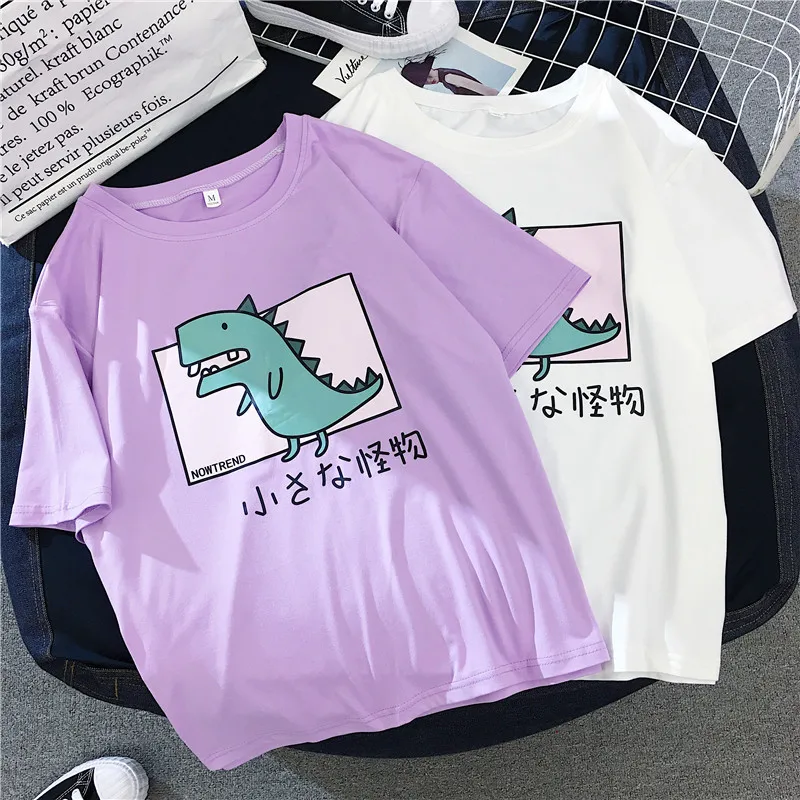 

New Summer Women O-neck Short Sleeve Loose Student Little Monster Print Ins Fashion Cotton Harajuku dinosaur Cartoon T-shirt