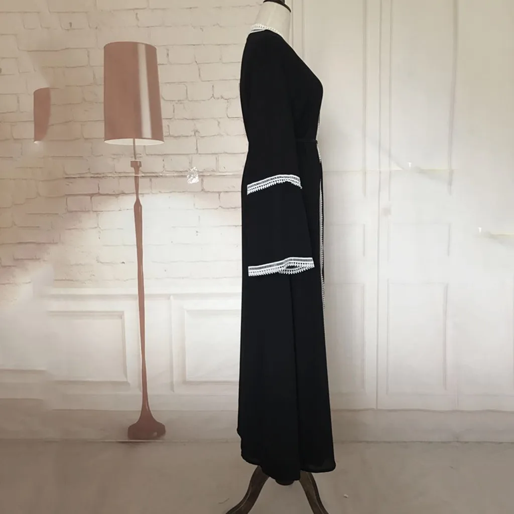 Модное мусульманское женское платье 2019 Лето плюс размер черный кружевной сшивание кардиган с вышивкой халаты длинное платье Арабский