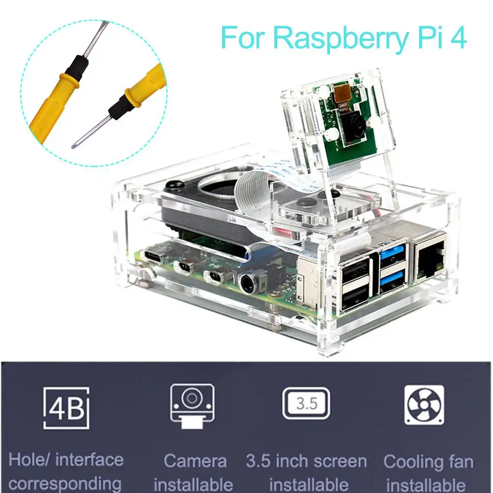 3.5 Inch Screen Clear Acrylic Case Enclosure Box with Cooling Fan for Raspberry Pi 4 Model B