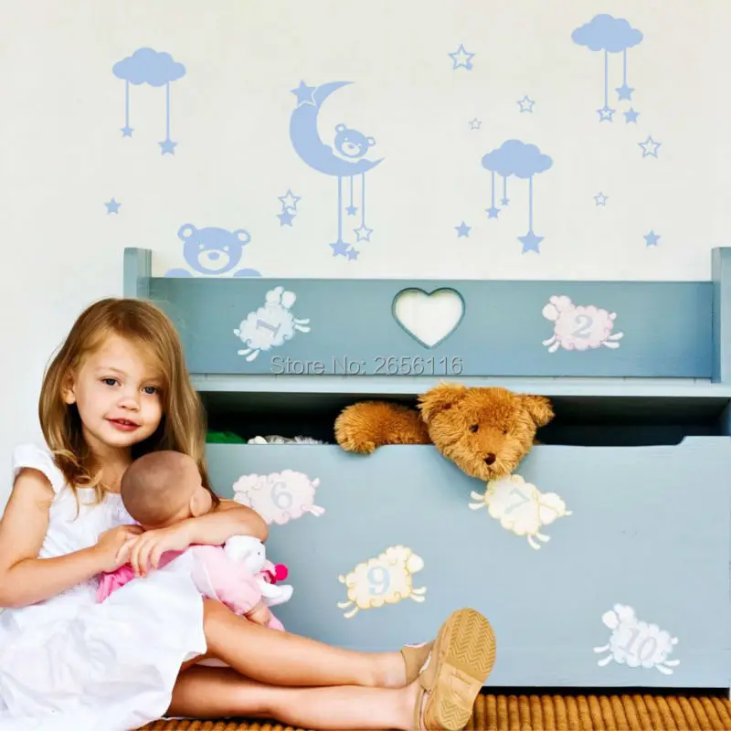 

Cute DIY Teddy Bear Clouds Moon Stars Vinyl Wall Decals and Murals for Kids Room Nursery Decoration