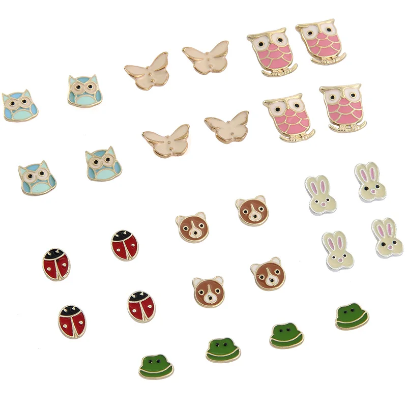

YANG&RH Small Animal Stud Earrings For Women Small Vintage Butterfly Owl Frog Bunny Ladybug Enamel Earring Party Gift Brincos
