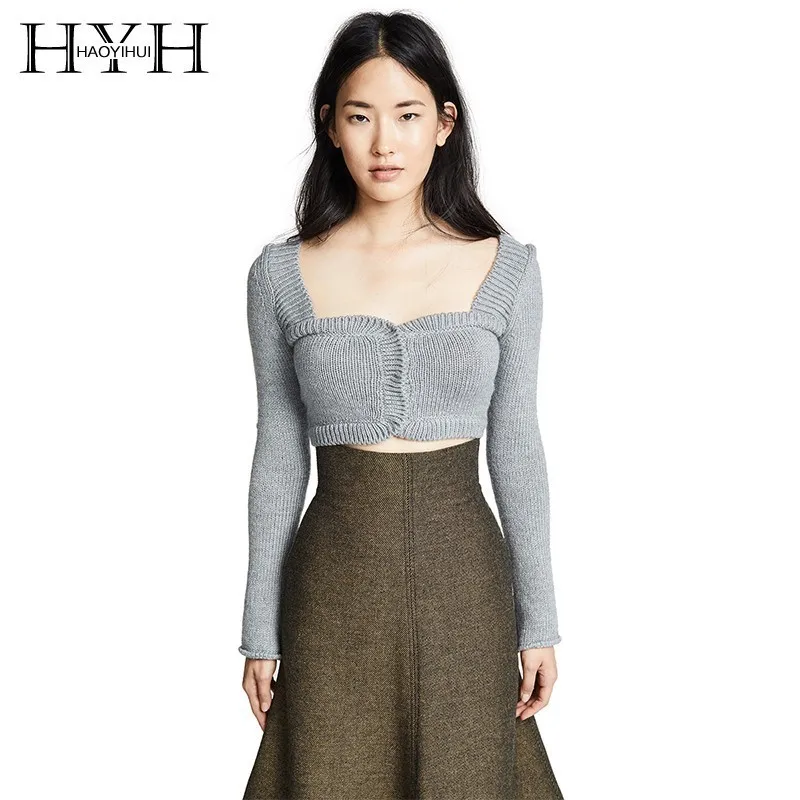 

HYH Haoyihui INS Fashion Popular Casual Short Midriff Tops Solid Color Gray Sexy Covered Buttons Square Collar Knit Sweater