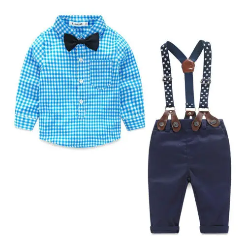 

2pcs Baby Toddler Kids Boy Plaid Long Sleeve NoveltyTops+Suspender Pants Wedding Party Outfits Suit