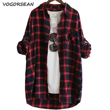 VogorSean, Хлопковая женская блузка, рубашка в клетку,, свободная, повседневная, в клетку, с длинным рукавом, большой размер, топ, женские блузки, красный/зеленый