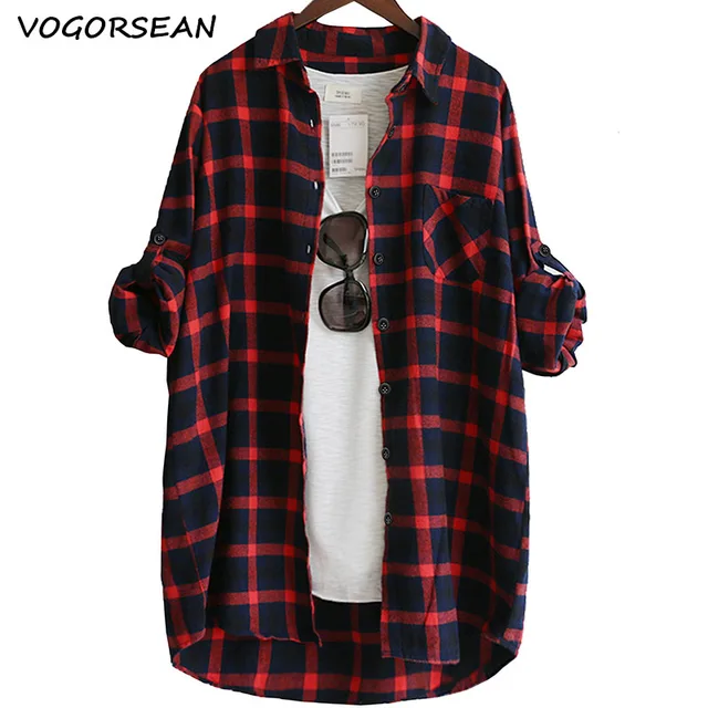 US $11.00 VogorSean Cotton Women Blouse Shirt Plaid 2020 Loose Casual Plaid Long sleeve Large size Tops Women