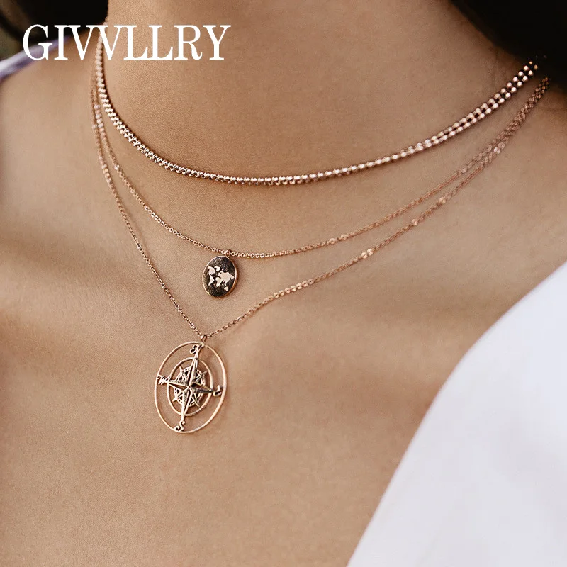

GIVVLLRY Compass World Map Necklaces Pendants Fashion Jewelry Chic Bohemian Gold Multilayered Chain Collar Necklace for Women