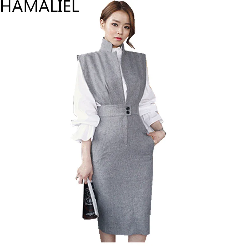 

Women 2 Piece Set Dress New 2018 Autumn White Ruffles Stand Collar Blouse Top + Gray Sleeveless Notched Collar Pencil Skirt Set