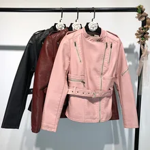 Мотоцикл пояса кожаный жакет на молнии Новые осенние женские PU Тонкий моды Стенд воротник Street wear куртка-бомбер Street пальто базовые Топы