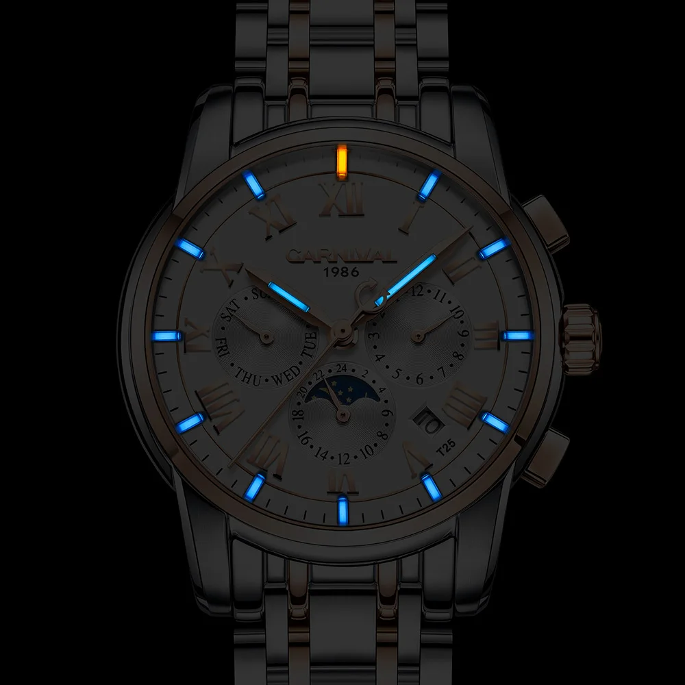 

T25 tritium gas luminous Automatic Clock CARNIVAL Men Watches Sapphire Moon phase Mechanical Wristwatches relogio masculino 2017